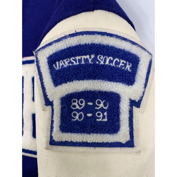 Vintage 90s DeLONG Mens Varsity Letterman Jacket Mr Warren Wool Leather M/L Blue - Picture 4 of 10